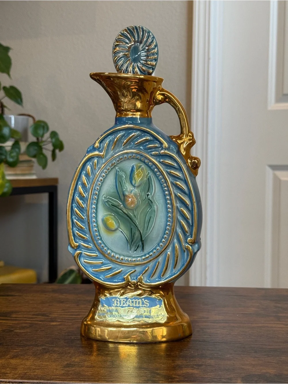 Vintage 1973 Jim Beam Tulip Pitcher Whiskey Decanter Bottle Gold Trim